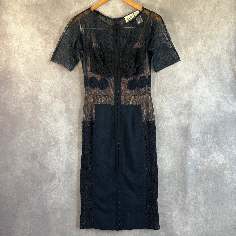 Beguile by Byron Lars Lace Midi Dress Women 0 Black Nude Hook and Eye Sheath